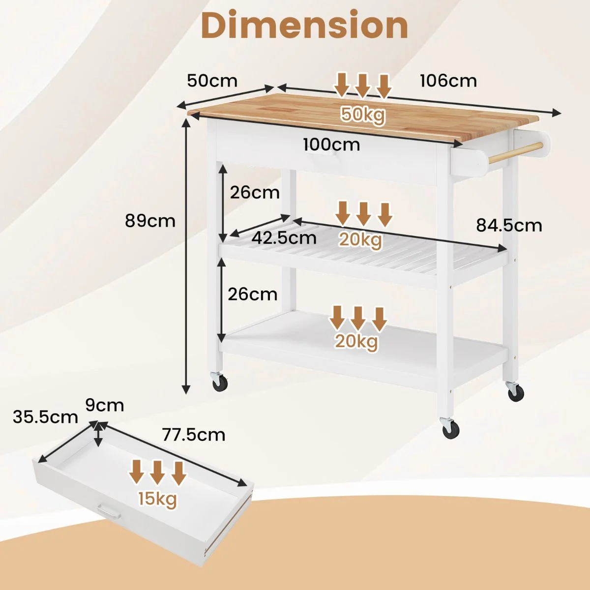 Measurement chart of a kitchen trolley with dimensions and weight capacity.