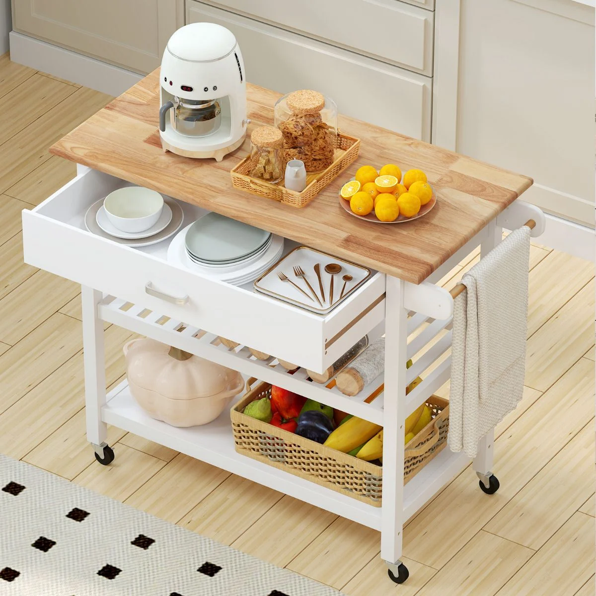 Kitchen cart with wooden top and white base, containing kitchen items and fruits.