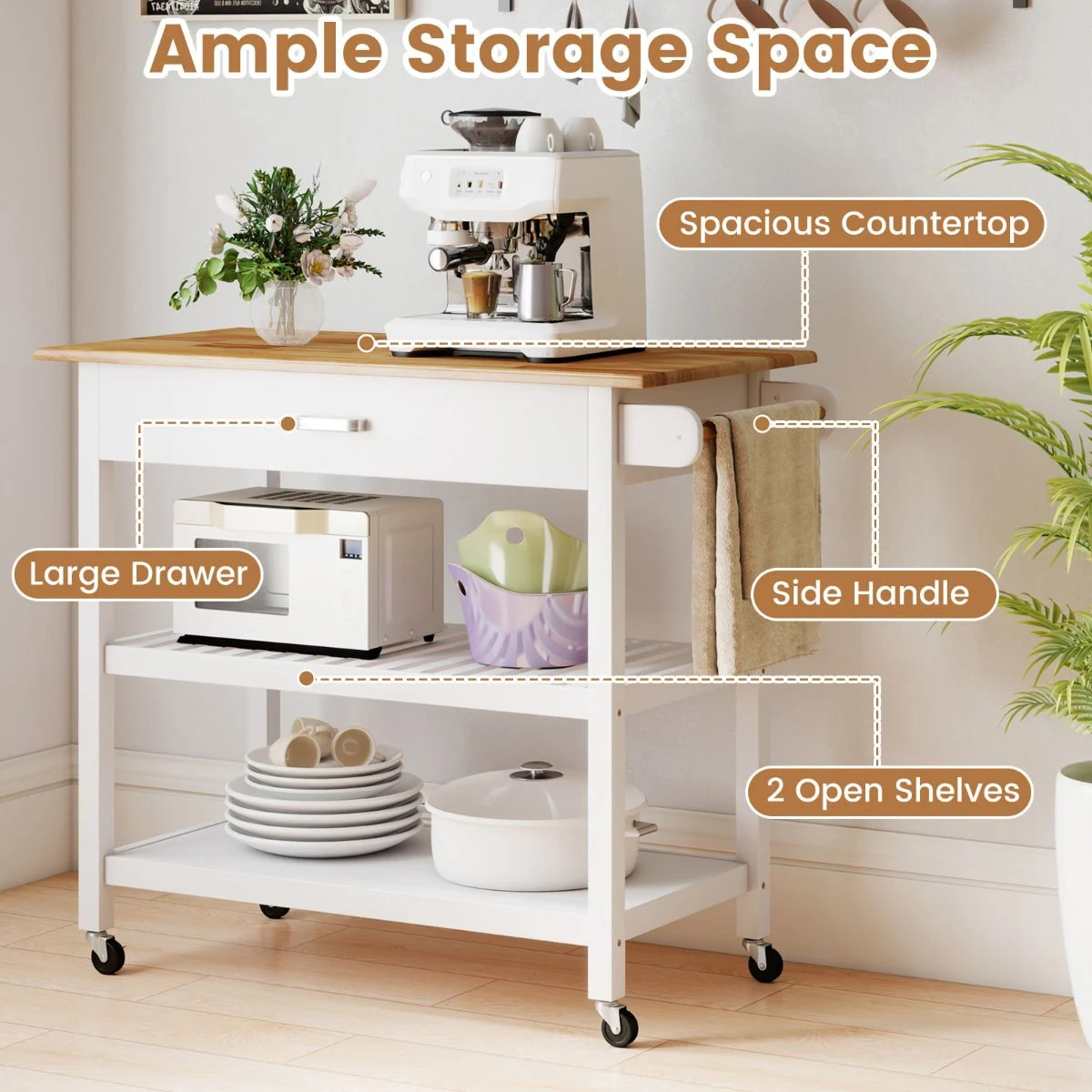 White kitchen cart with wooden top, appliances, and storage features labeled.