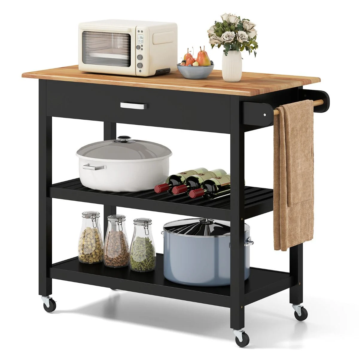 Black kitchen island with wooden top, microwave, pots, and utensils on a white background