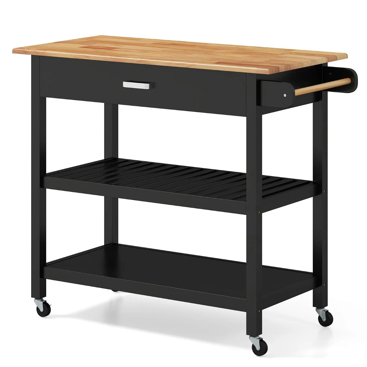 Black kitchen cart with wooden top on a white background