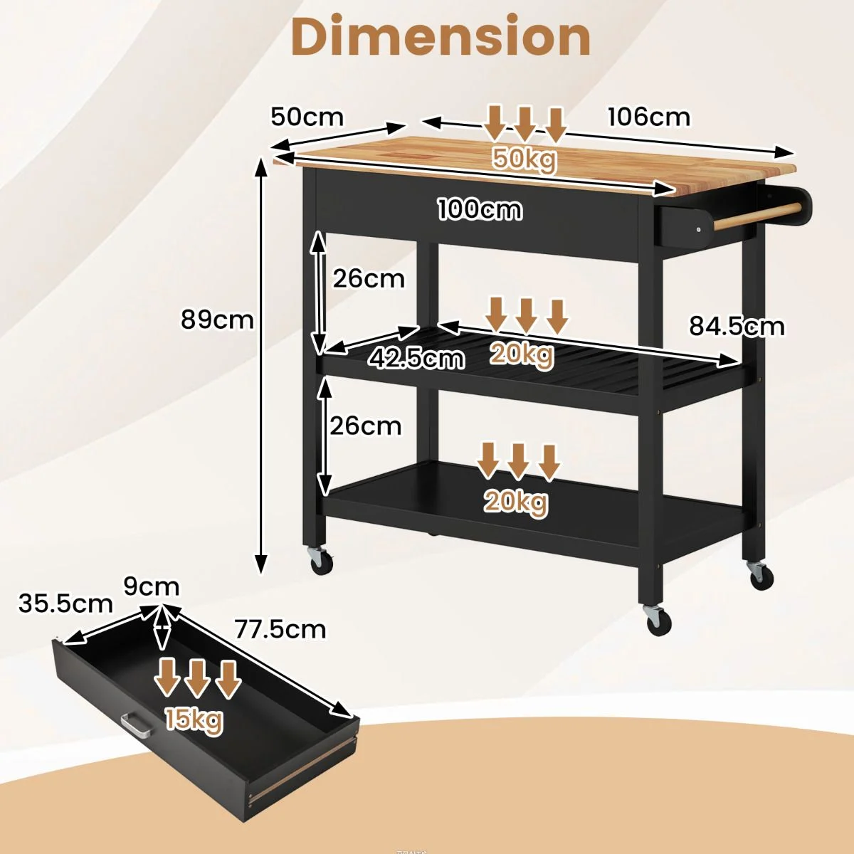 Dimensions of a black and wooden workbench with measurements labeled.