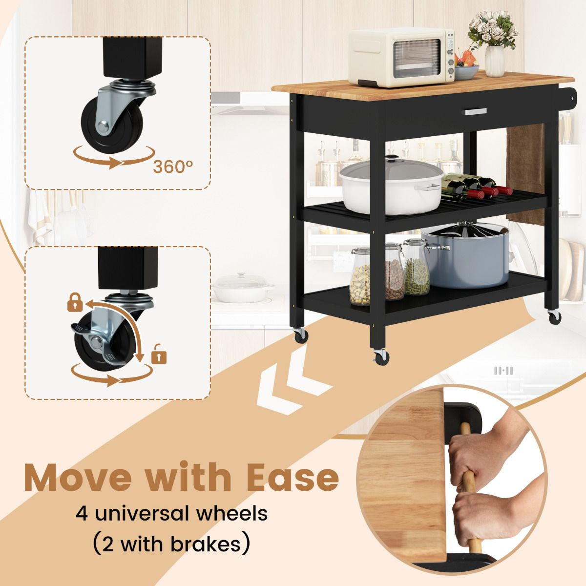 Kitchen cart with wooden top and black base, featuring wheels and a person using a handle.
