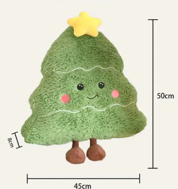 Plush toy shaped like a Christmas tree with measurements on a white background