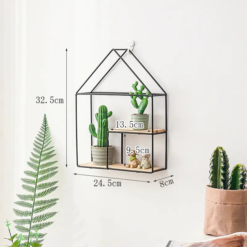 House-shaped terrarium with plants and measurements on a white background