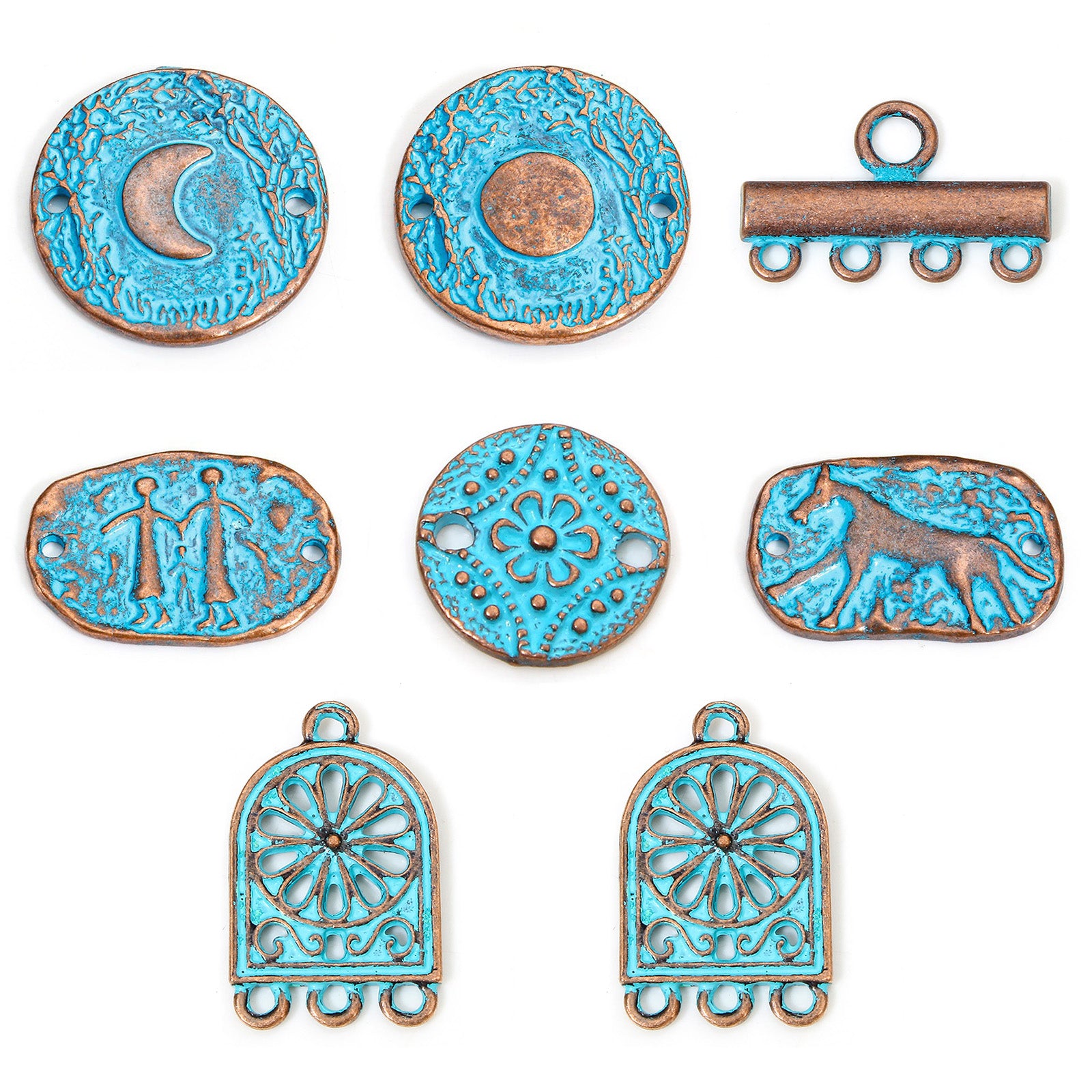 Collection of turquoise and copper jewelry components on a white background
