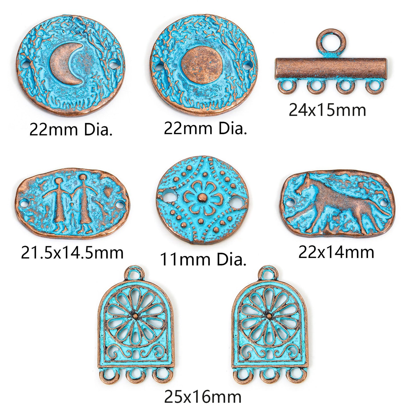 Collection of turquoise and bronze jewelry components with dimensions labeled.