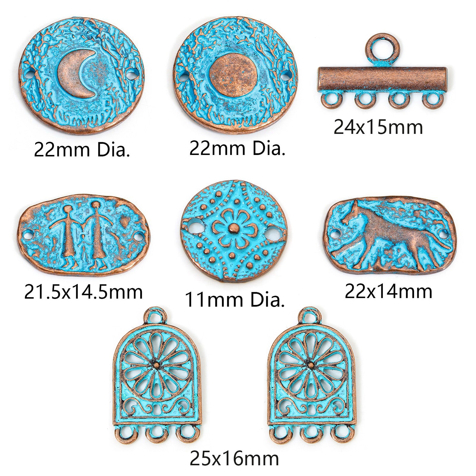 Collection of turquoise and bronze jewelry components with dimensions labeled.