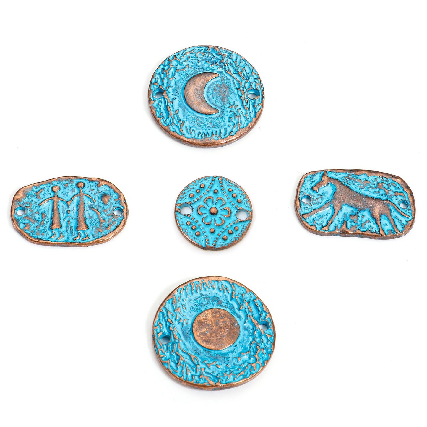 Set of five blue and bronze decorative plates with various designs on a white background