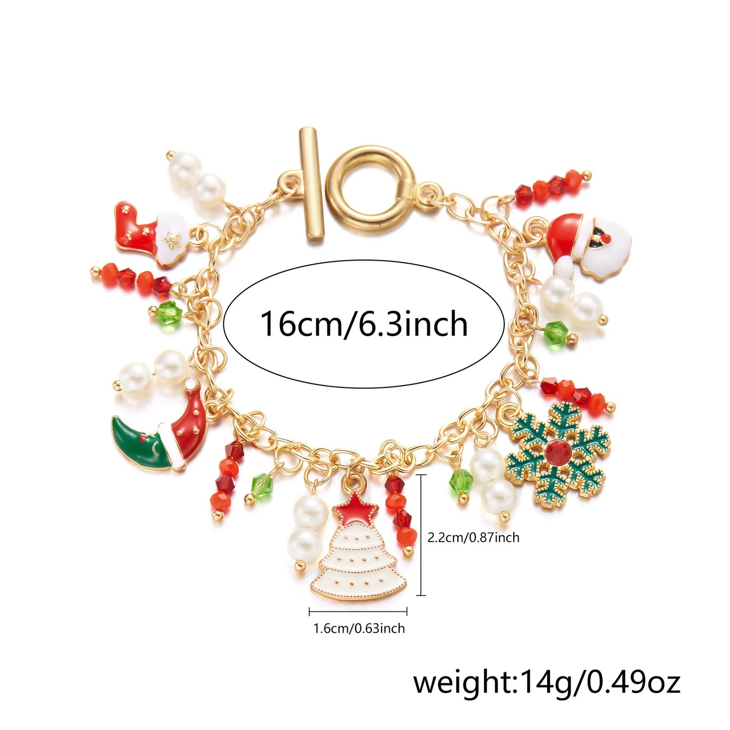 Gold bracelet with Christmas-themed charms and measurements on a white background
