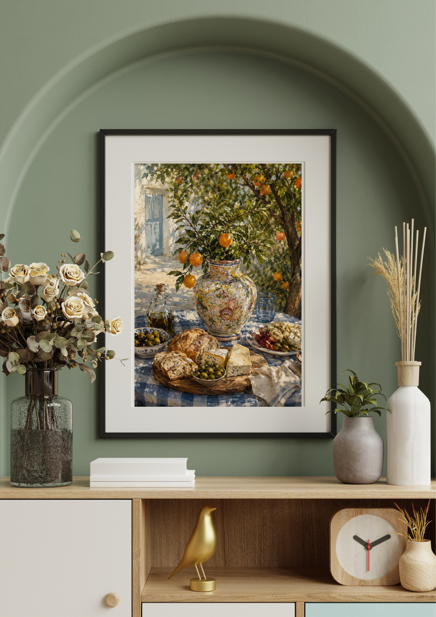 Mediterranean still life wall art featuring citrus vase and rustic Italian table styling in elegant living room