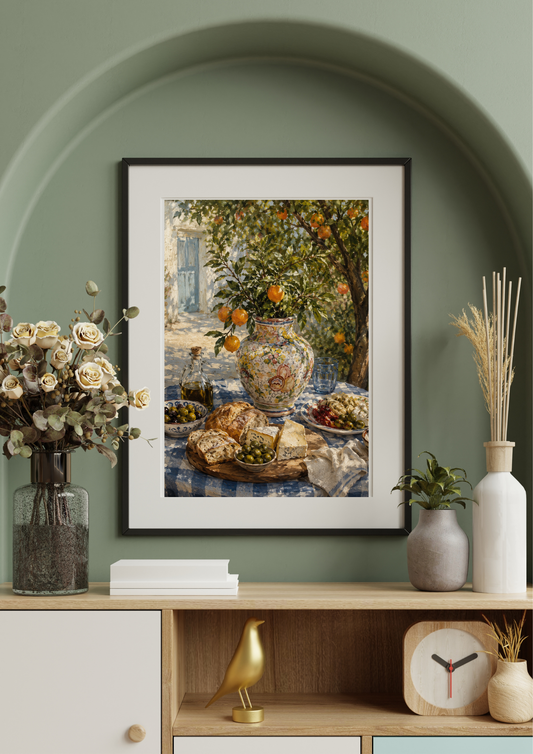 Mediterranean still life wall art featuring citrus vase and rustic Italian table styling in elegant living room