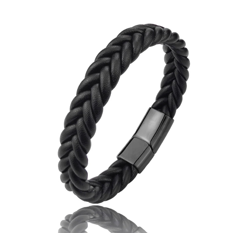 Black braided bracelet with a metallic clasp on a white background