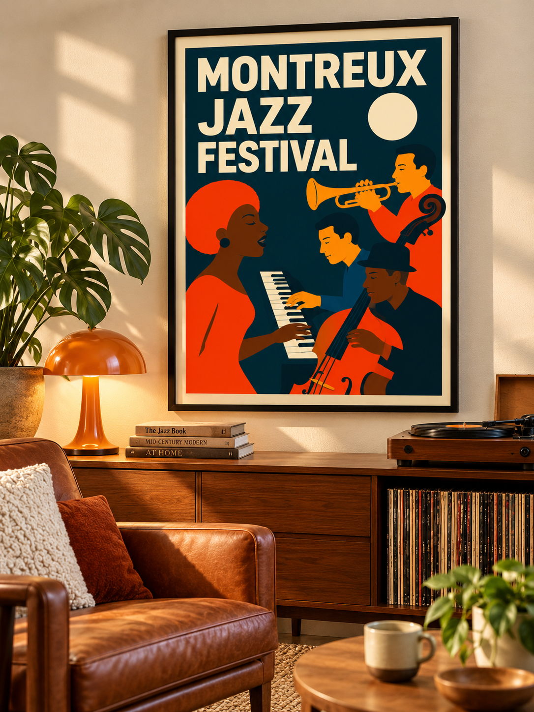 A framed vintage-style poster reading 'Montreux Jazz Festival' hangs on a wall in a cozy living room. The poster features bold orange, navy, cream, and black illustration of jazz musicians, with a brown leather armchair, lamp, books, and plants around it.