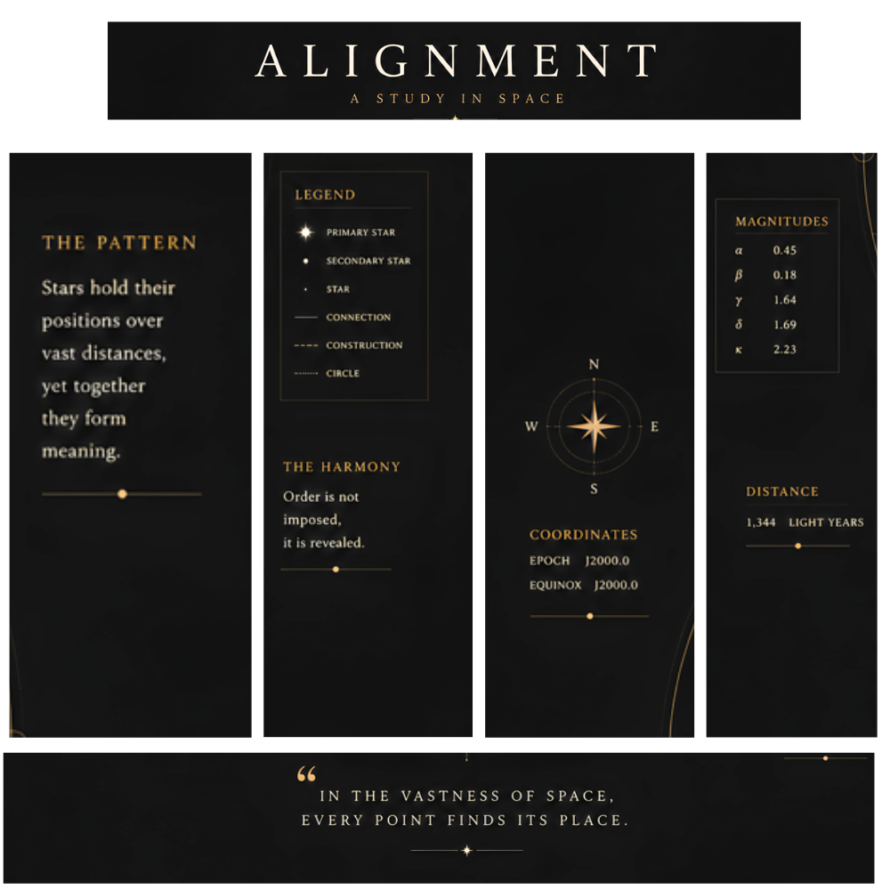 Detailed close-up of the Alignment constellation poster highlighting the typography, geometric construction lines and astronomical annotations.