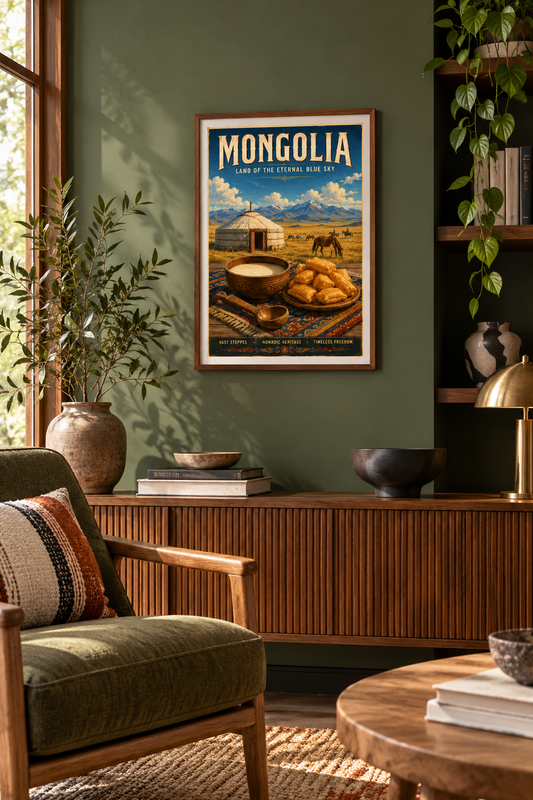 A framed vintage-style travel poster reading “MONGOLIA” hangs on a dark green wall in a styled living room with a wooden credenza, chair, plants, and table.