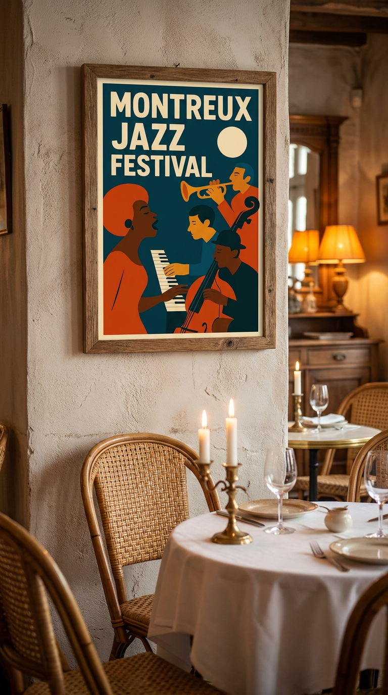 Poster of Montreux Jazz Festival in a restaurant setting with a table and chairs.
