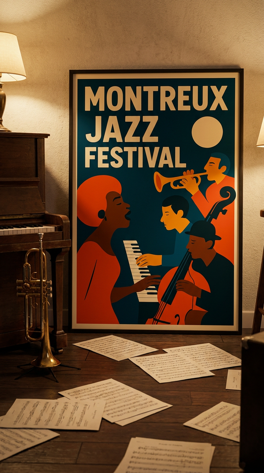 Framed Montreux Jazz Festival poster with musicians on a wooden floor with sheet music.