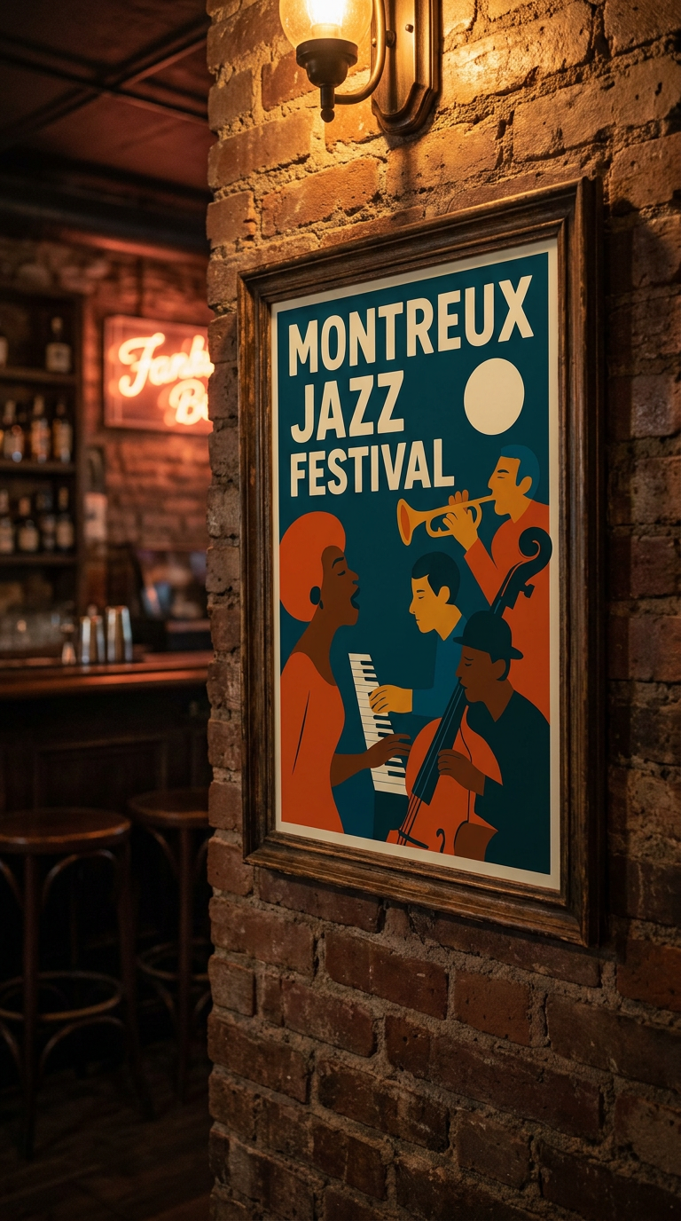 Framed poster of Montreux Jazz Festival on a brick wall in a bar setting.
