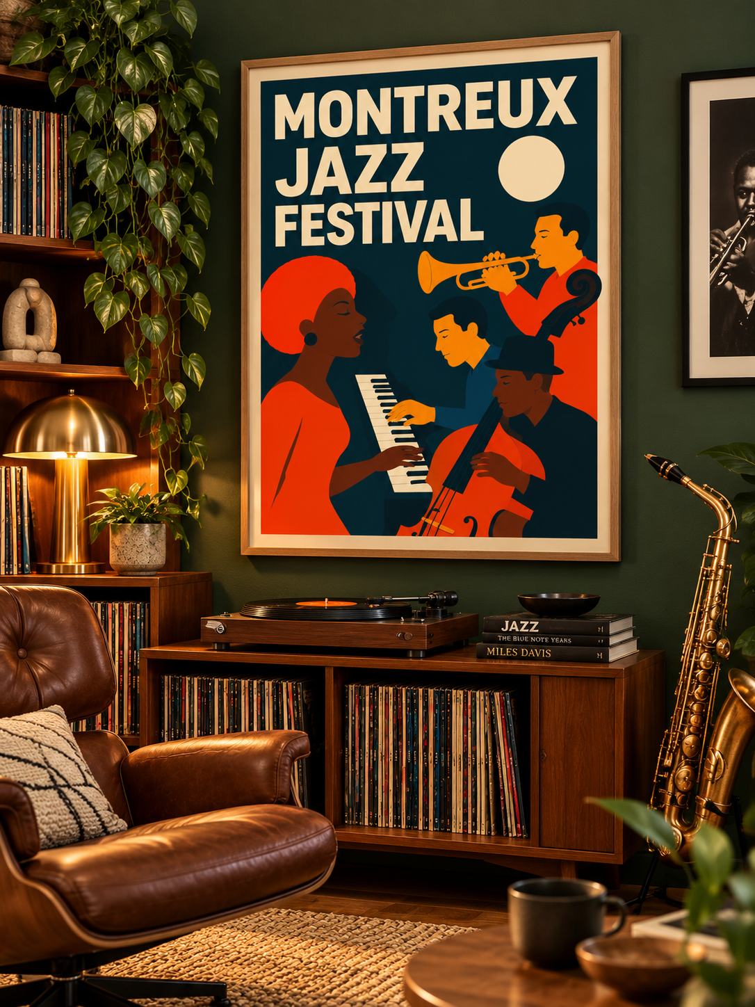 A framed 'Montreux Jazz Festival' art print hangs on a dark green wall in a cozy, vintage-styled room with a brown leather armchair, a wooden record cabinet, and a saxophone.