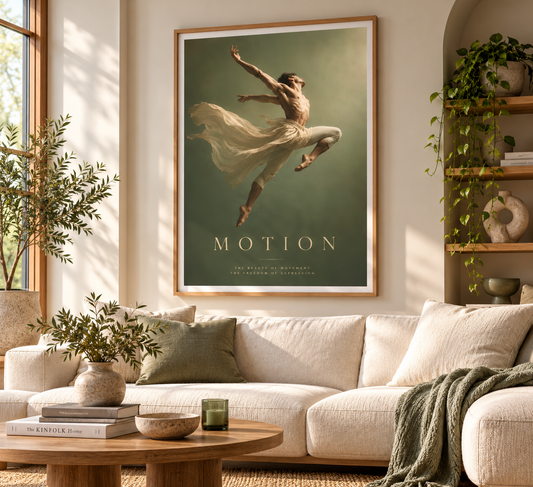 Motion contemporary dance poster displayed in a natural oak frame above a cream sofa. Sage green figurative wall art featuring a male dancer mid-leap, styled in a bright modern living room with neutral furnishings and natural wood accents.