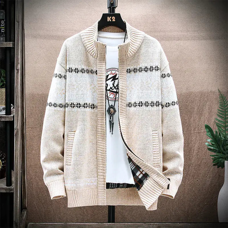 Beige patterned cardigan on a mannequin against a neutral background