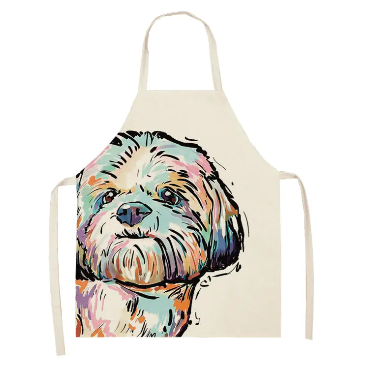 Apron with a colorful dog illustration on a white background