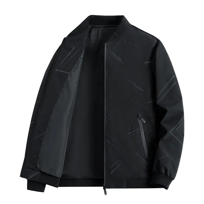 Black jacket with geometric pattern on a white background