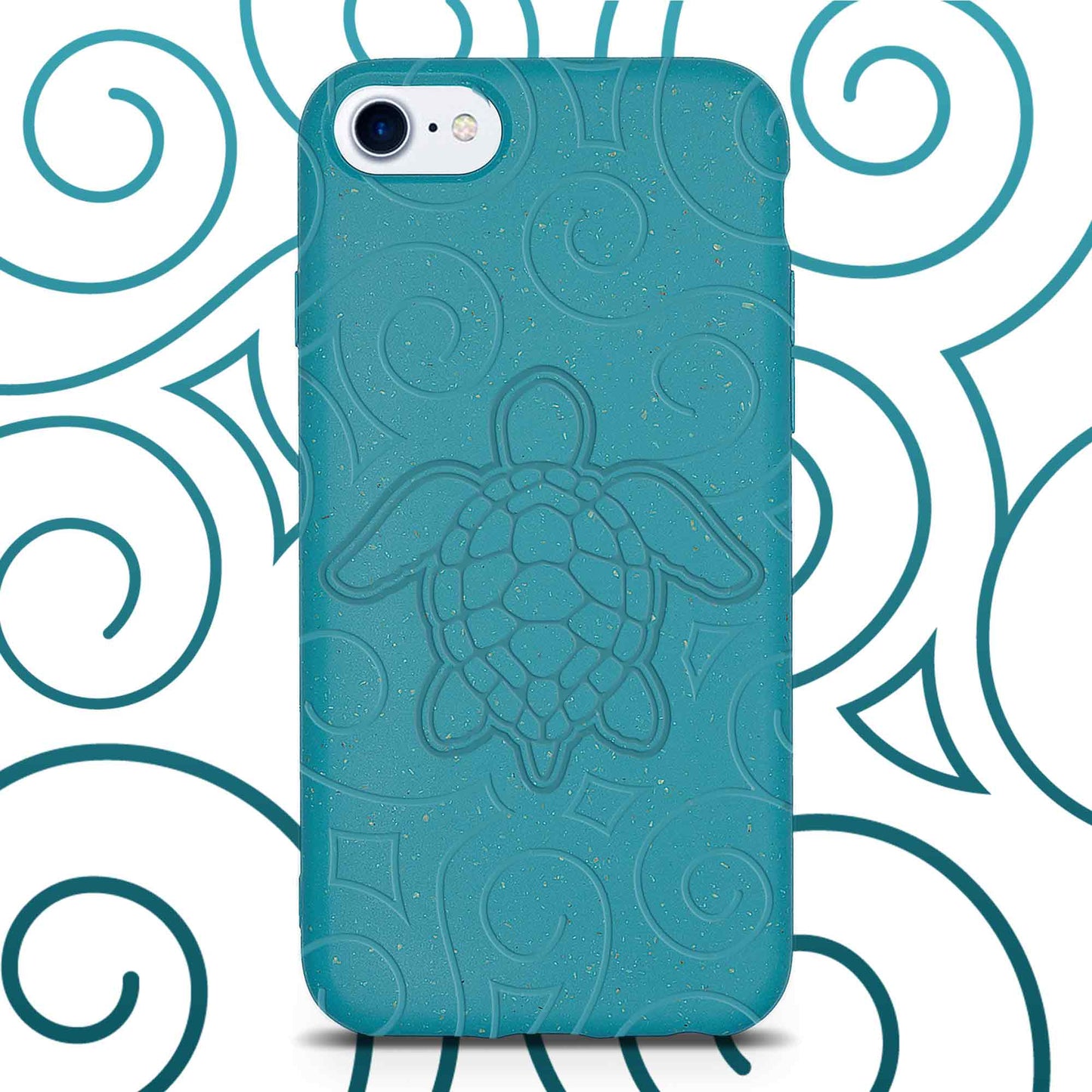 Teal phone case with turtle design on a decorative background