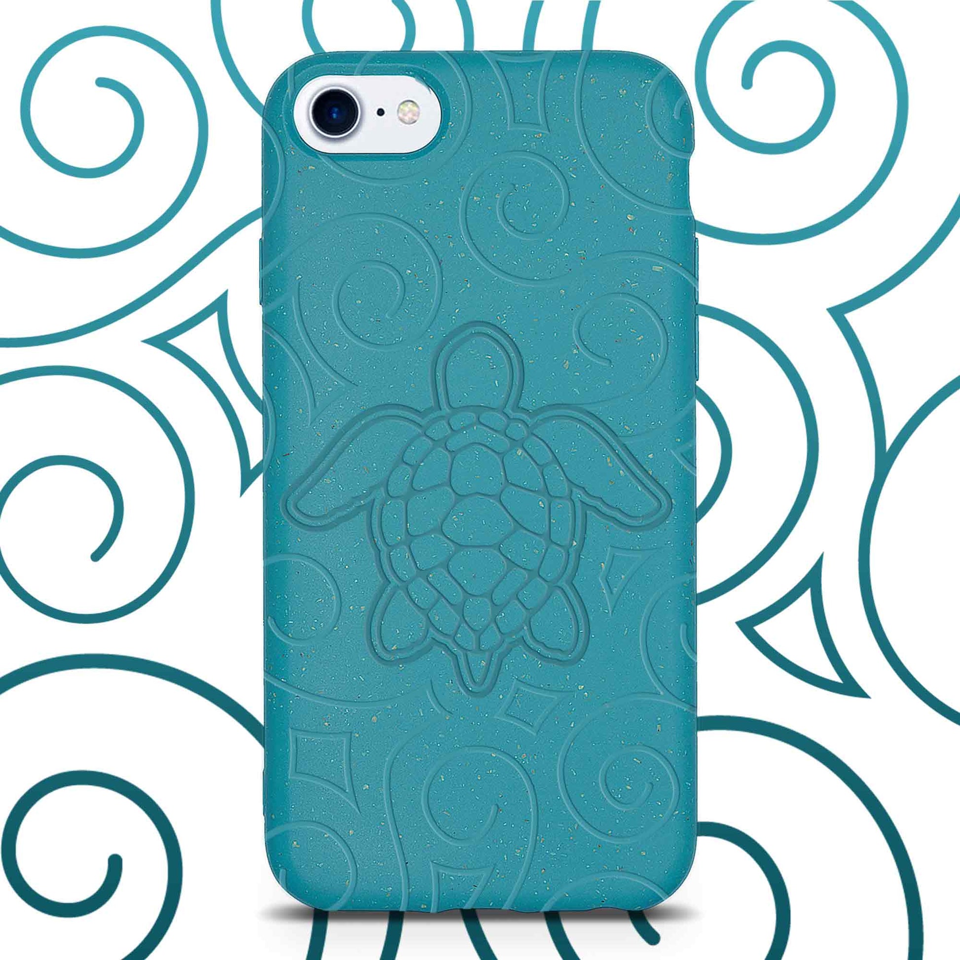 Teal phone case with turtle design on a decorative background