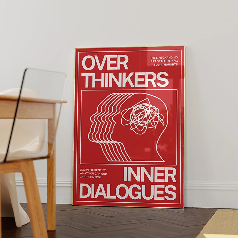 Red poster titled 'Over Thinkers: Inner Dialogues' on a wall next to a wooden chair.