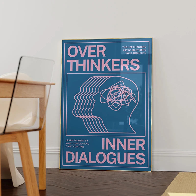 Poster titled 'Over Thinkers: Inner Dialogues' on a wall next to a wooden stool.