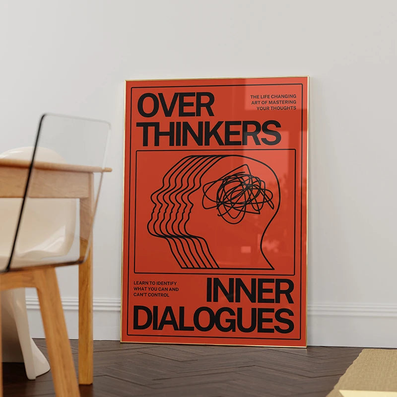 Poster titled 'Over Thinkers: Inner Dialogues' on a wall with a chair and table in the foreground.