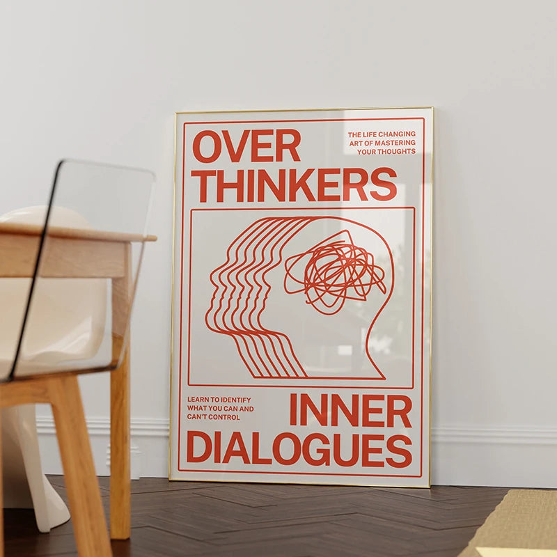 Poster titled 'Over Thinkers: Inner Dialogues' on a wall next to a wooden chair.