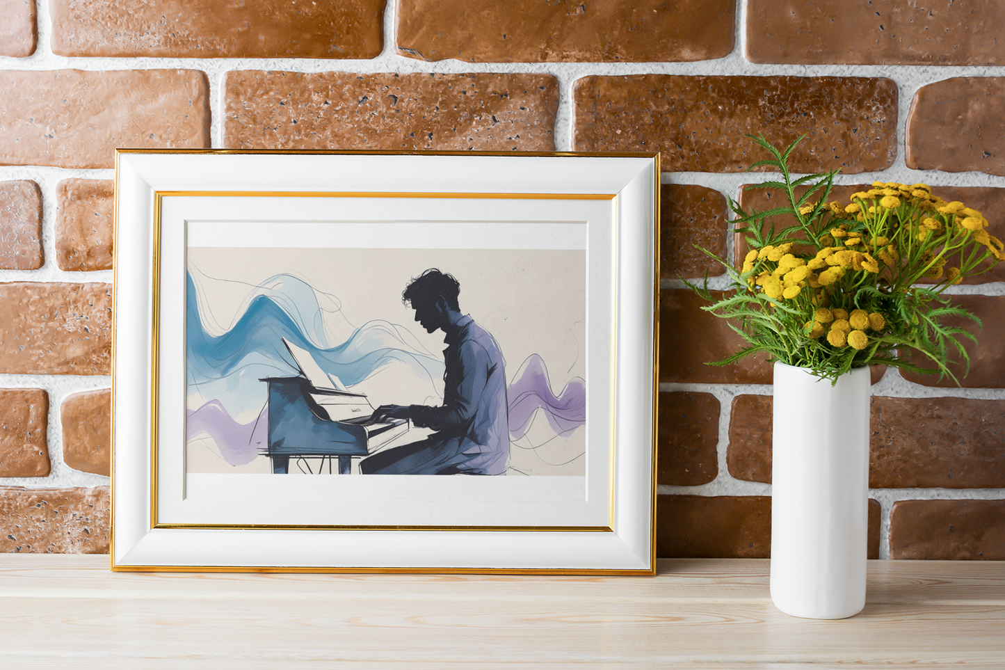 Framed artwork of a silhouette playing a piano next to a vase with flowers against a brick wall.