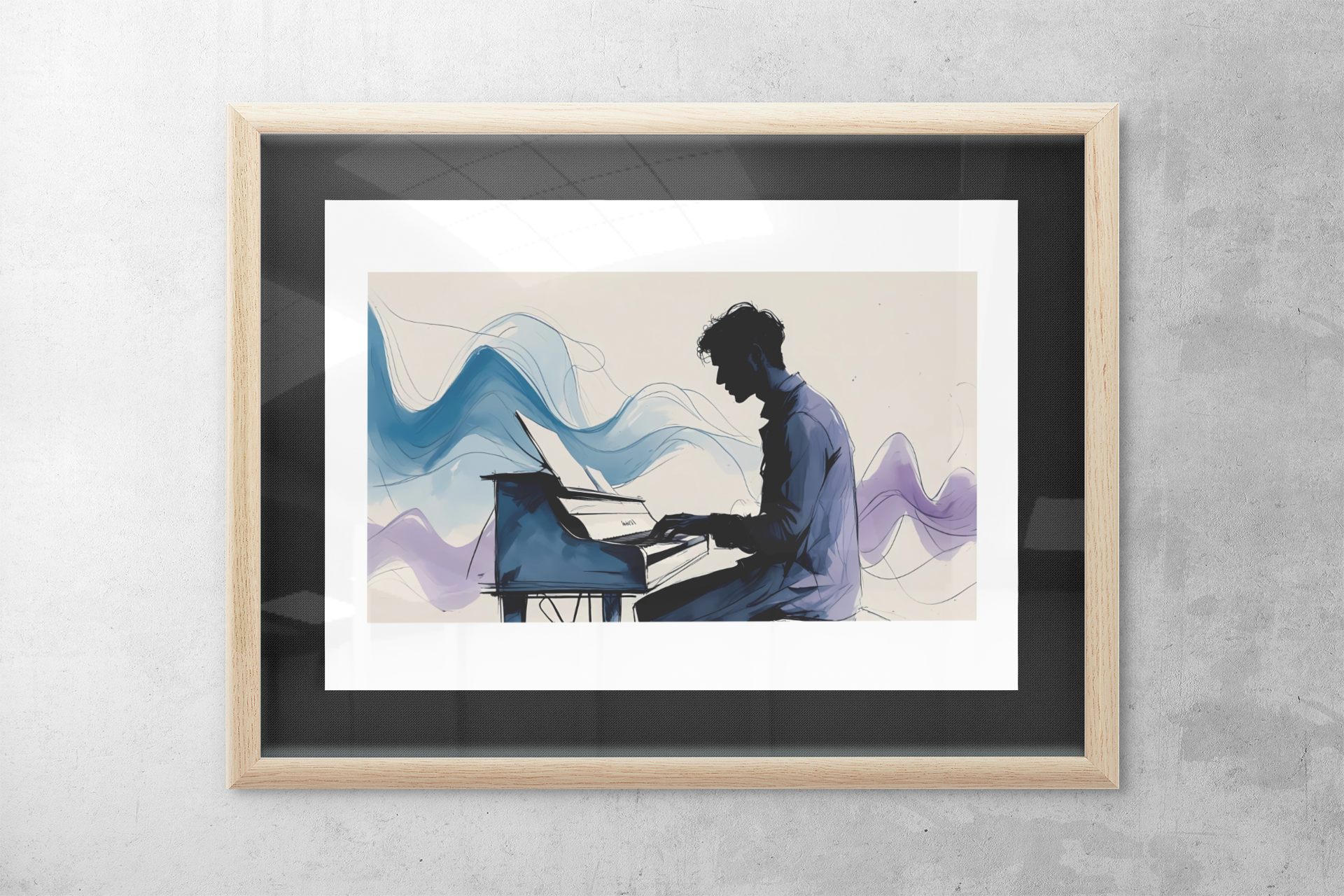 Framed artwork of a silhouette playing a piano against abstract colorful background