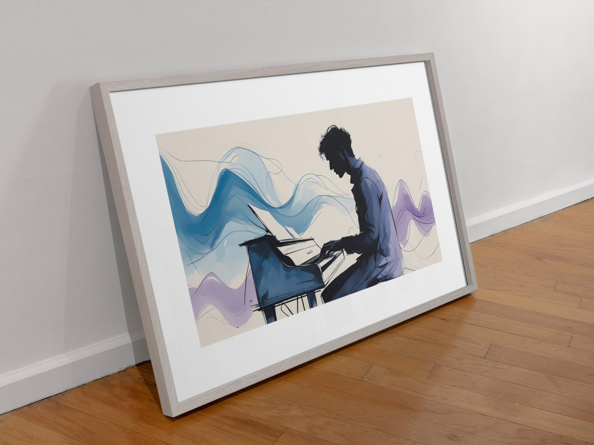 Framed artwork of a silhouette playing a piano on a wooden floor.