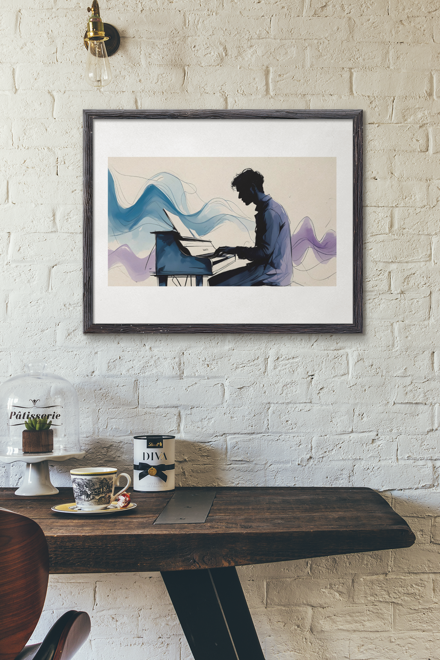 Framed artwork of a person playing piano on a white brick wall above a wooden table.