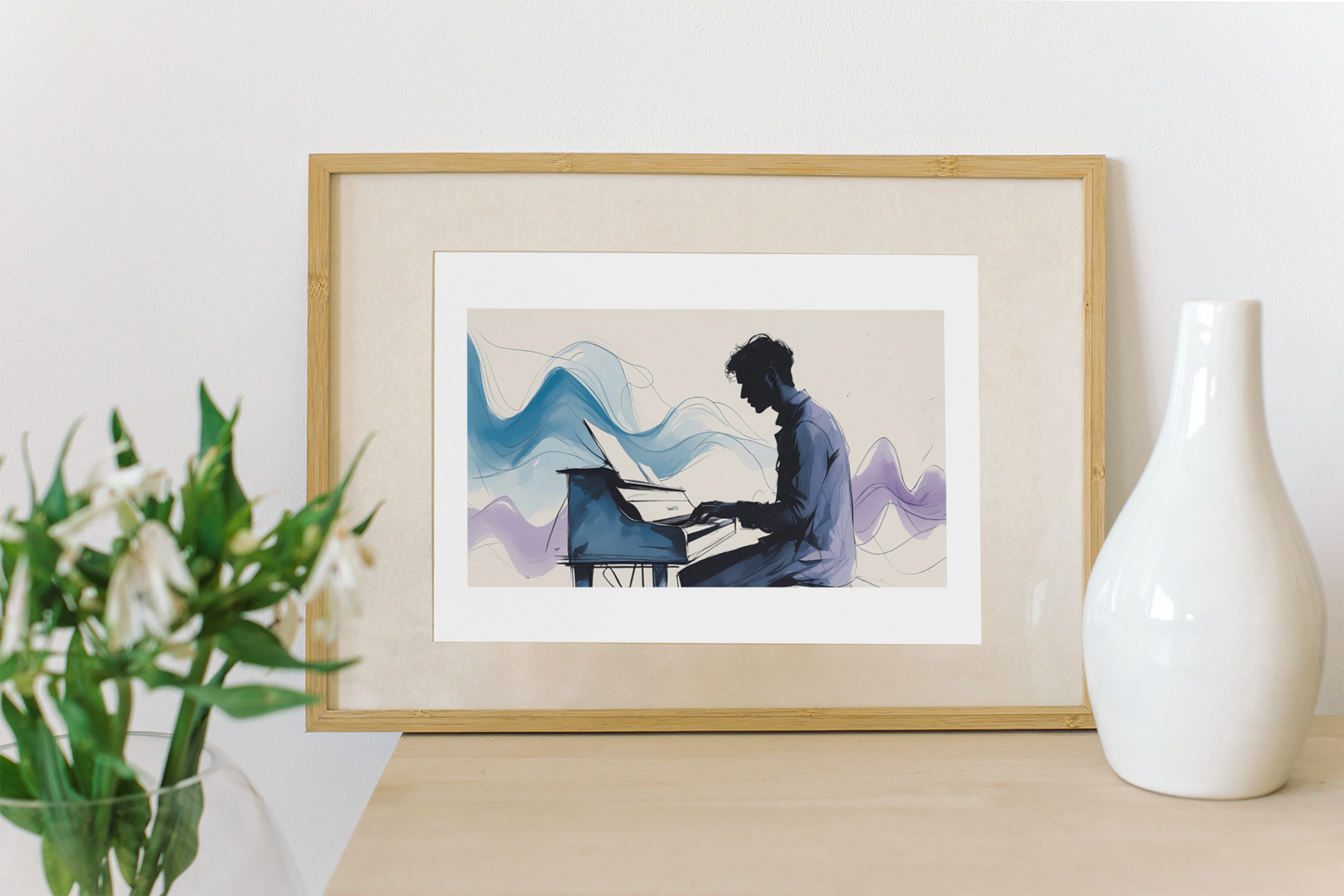 Framed artwork of a person playing a piano on a table with a vase and plant.