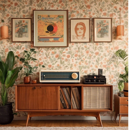 Vintage living room stock photo featuring a mid-century radio console, floral wallpaper, vinyl records, and framed artwork in a 1970s retro style.