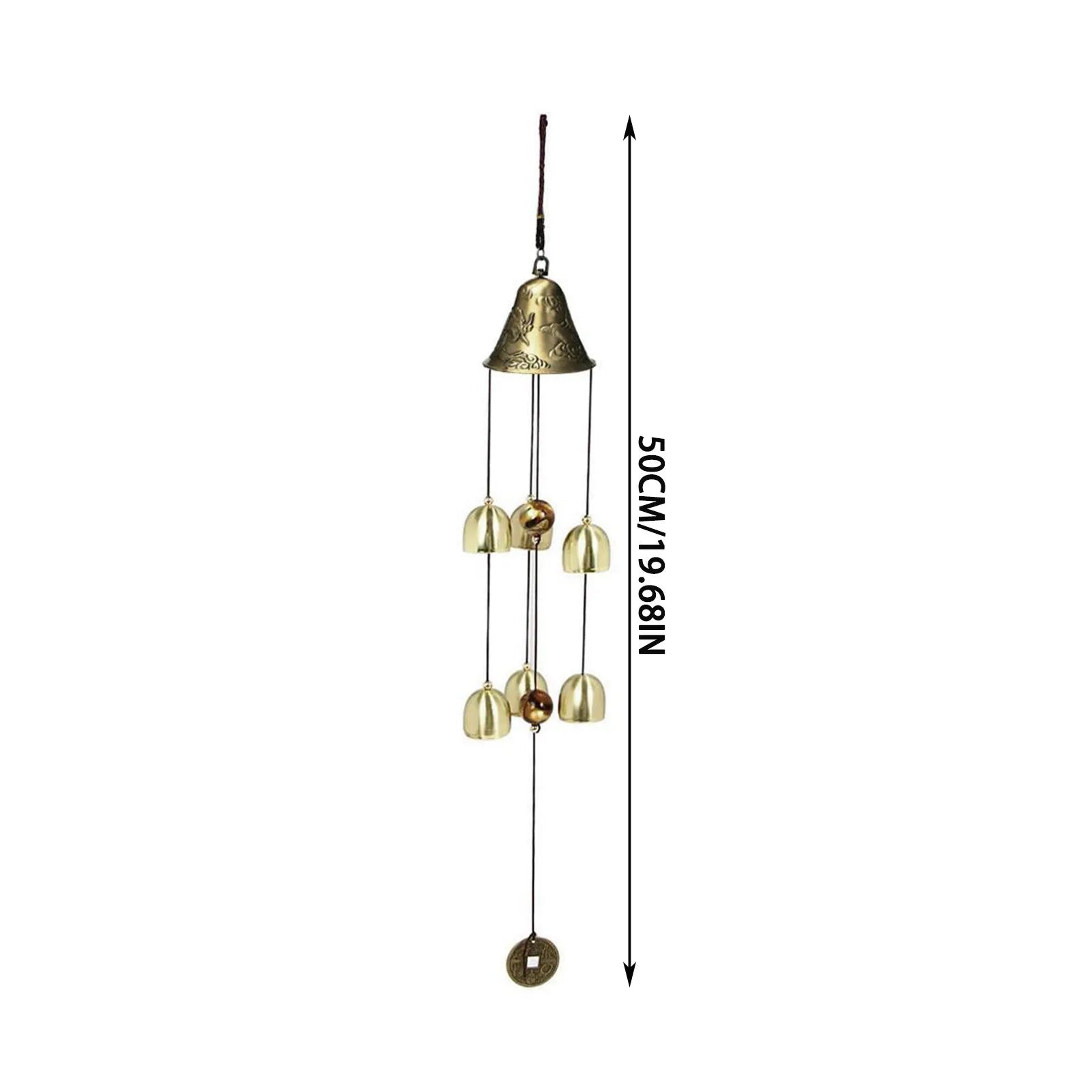 Decorative brass wind chime with measurement details on a white background