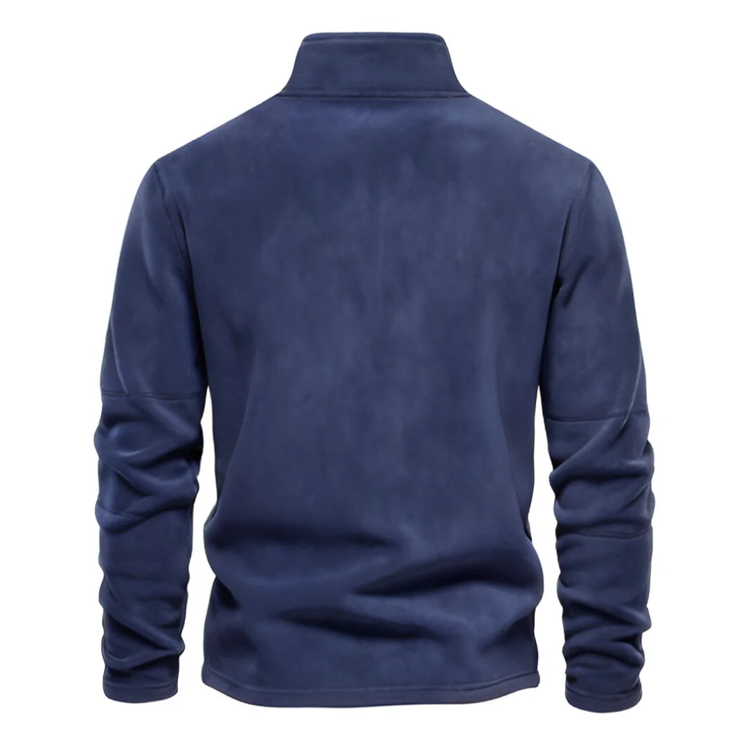 Blue fleece pullover on a white background