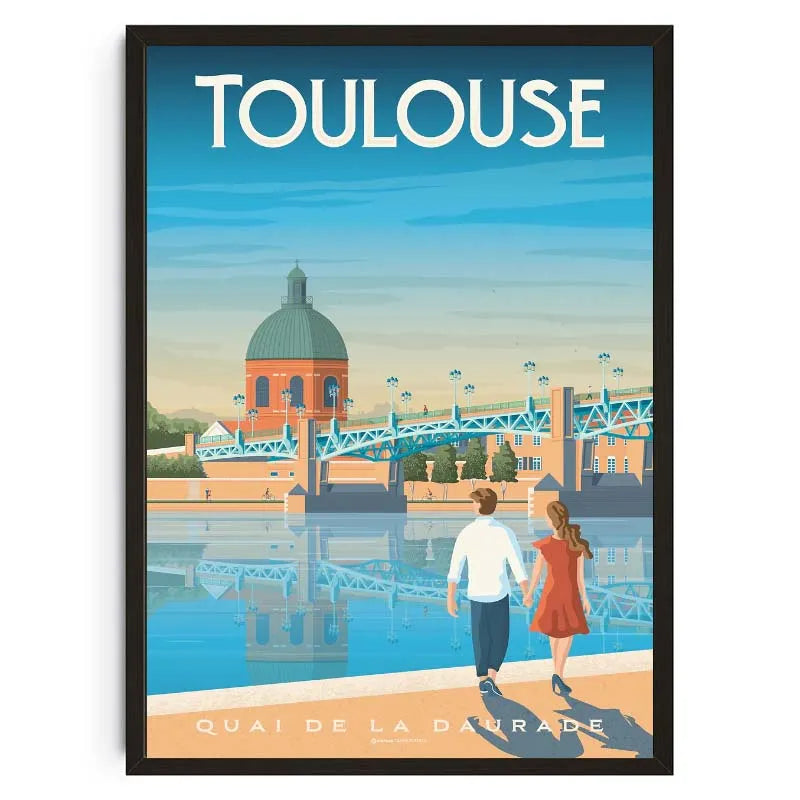 Poster of Toulouse with a couple walking by a river and a prominent building.
