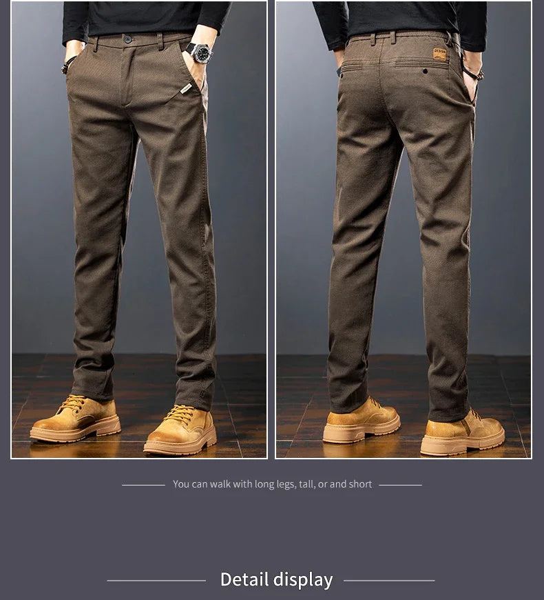 Brown pants displayed from front and back on a gray background