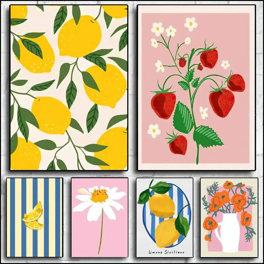 Set of six colorful prints featuring lemons, strawberries, flowers, and stripes on a white background.