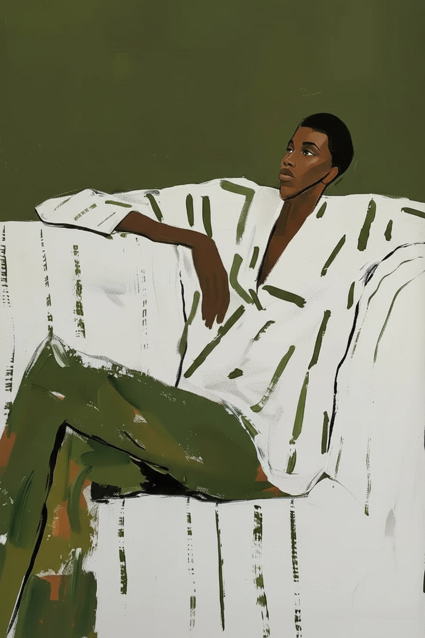 Artistic depiction of a person sitting on a chair with abstract design elements.