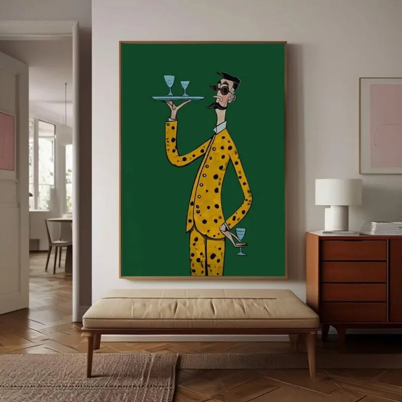 Framed artwork of a man in a yellow suit holding a tray with drinks in a living room.