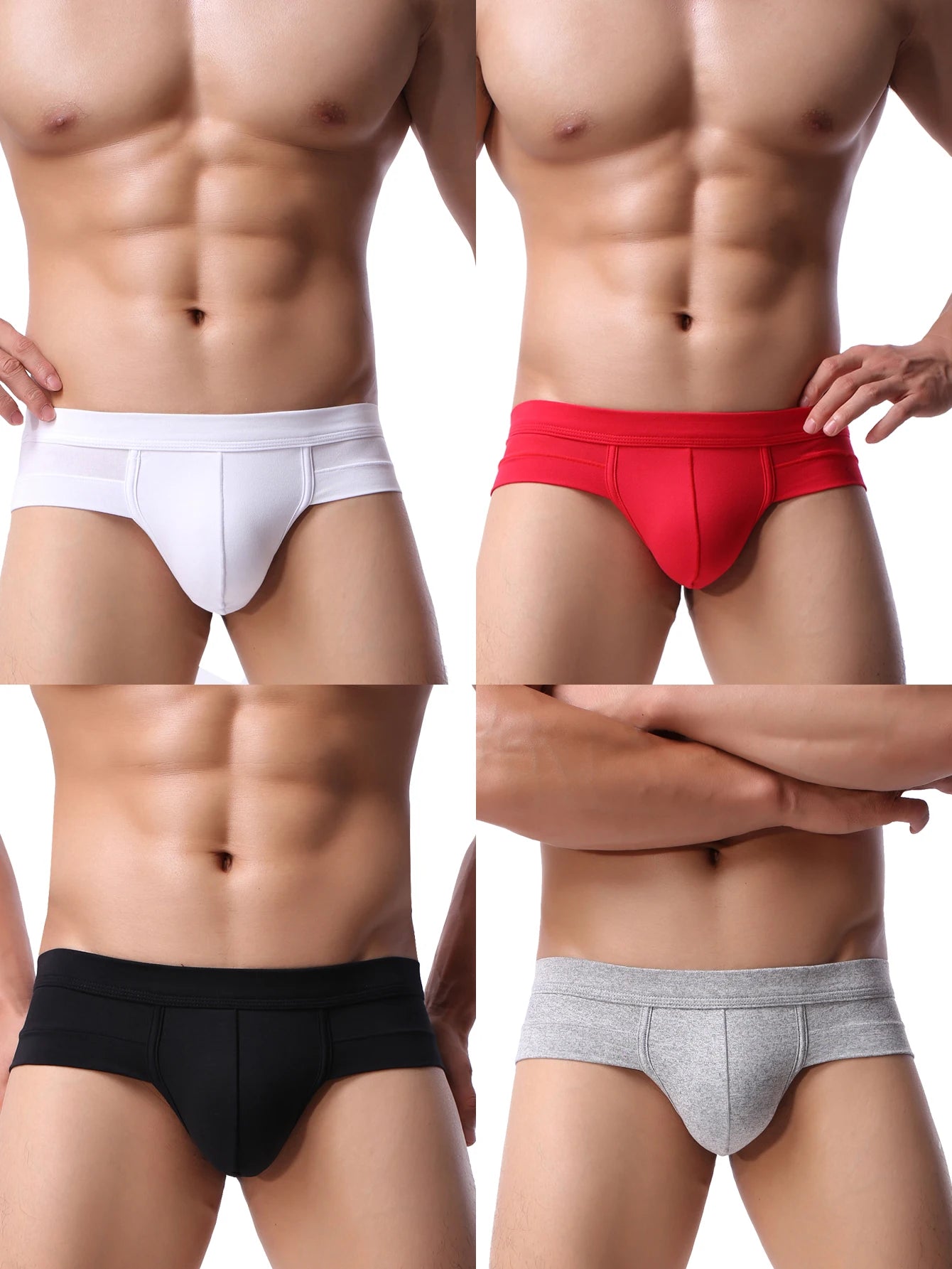 Four different colored men's underwear displayed on a white background.