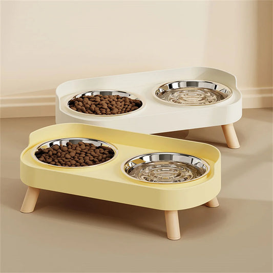 Raised double pet feeding bowl with two stainless steel dishes on a modern stand for dogs and cats