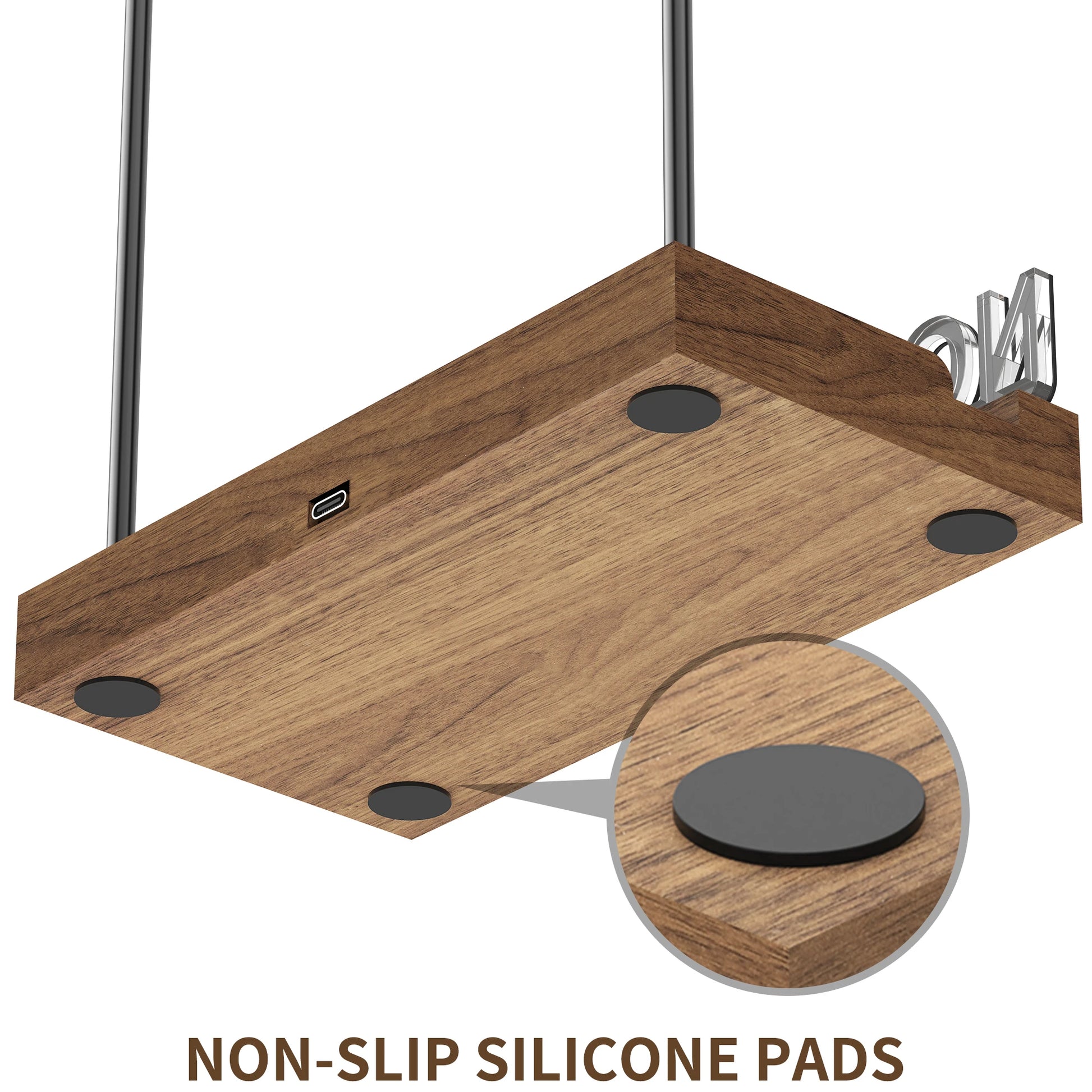 Wooden surface with non-slip silicone pads and close-up detail on a white background